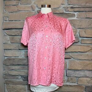 NOTATIONS Pink Silk Floral Print Short Sleeve Button Up Shirt Top Women's Size L
